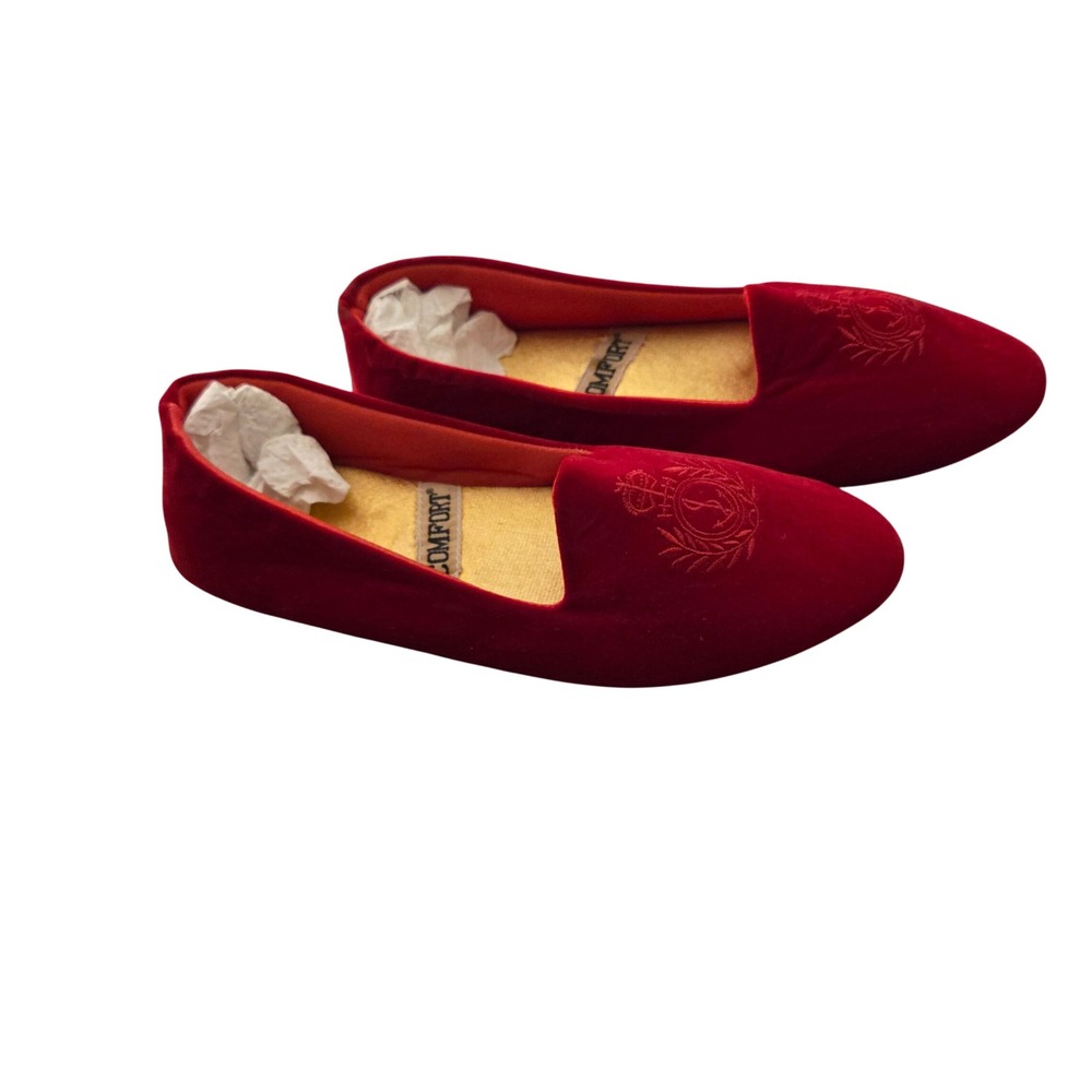 I Comfort Red Velvet Smoking Slippers Embroidered Crest Loafers Womens Size 7